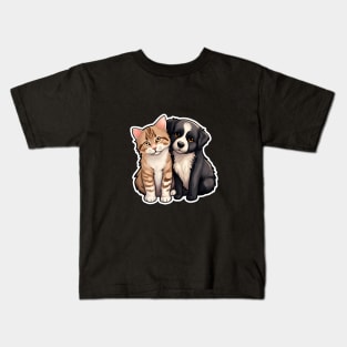 Cute Ginger Tabby Cat and Black and White Puppy Buddies Kids T-Shirt